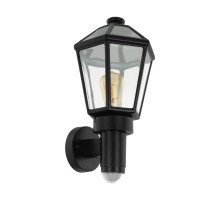 Уличный светильник настенный MONSELICE с датч. дв-я, 1х28W(E27), L195, H430, пластик, черный/стекло, черный, прозрачный