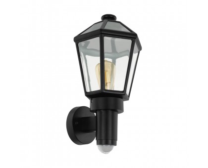 Уличный светильник настенный MONSELICE с датч. дв-я, 1х28W(E27), L195, H430, пластик, черный/стекло, черный, прозрачный