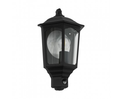 Уличный светильник настенный MANERBIO с датч. дв-я, 1х60W(E27), L240, H295, лит. алюминий, черный/cтекло, прозрачный